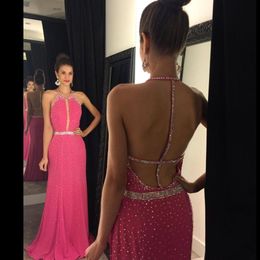 2023 Spring SummerPink Halter Evening Dresses Beading Crystal Chiffon Long Backless Fashion Sexy Party Cocktail Prom Gown For Weddings