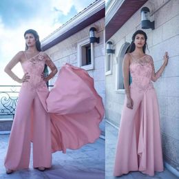 Arabic 2018 Pink Satin Chiffon One Shoulder Long Sleeve Jumpsuit Dresses Party Evening Wear Modest Formal Gowns Custom Made EN9295