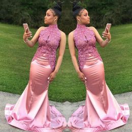 African High Neck Prom Dresses Dusty Pink Lace Appliques Sleeveless Evening Gowns Satin Mermaid Sweep Train Formal Party Dress Cheap