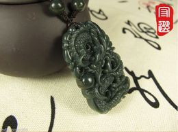 Chinese 100% Natural Nephrite Jasper Jade Dragon Play bead pendant necklace