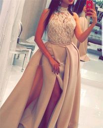 Arabic Dubai high neck Lace Evening Dresses Long Prom Dresses Overskirt Side Split Evening Gowns Satin vestido de festa longo party gowns