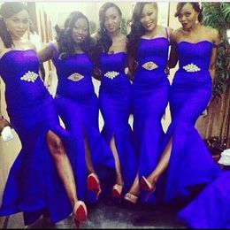 Front Slit Royal Blue Mermaid Bridesmaid Dresses Cheap Beaded Party Evening Dresses Plus Size Maid of Honour Dresses Free Shipping