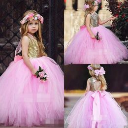 Blush Pink Tulle Flower Girls Dresses New Sparkly Gold Sequins Top Hollow Back First Communion Dresses Ball Gown Princess Dresses