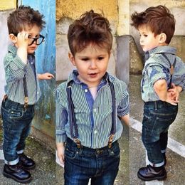2022 Kid Autumn Clothing Sets Baby Boy Suspender Gentlement Suits Overalls Jeans and Striped Long Sleeve Shirt 2 Pieces