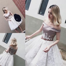 Sexy Off The Shoulder Short Prom Dresses 2017 Satin And White Lace Knee Length Evening Gowns Corset Back Homecoming Party Dress