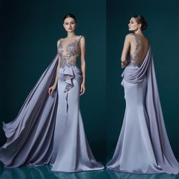 2019 Sexy Prom Dress With Wrap High Front Split Illusion Neck Sleeveless Lavender Applique Party Dress Charming Satin Mermaid Evening Gowns