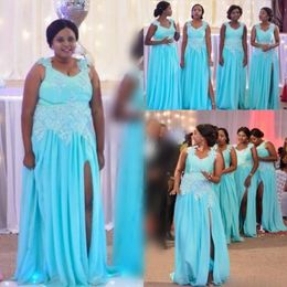 Light Sky Blue Plus Size Chiffon Bridesmaid Dresses Lace Appliques Side Split Maid Of Honor Gowns Cheap Wedding Guest Formal Party Dresses