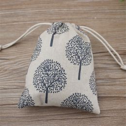Happy Tree Printed Linen Jewelry Gift Pouch 9x12cm 10x15cm 13x17cm pack of 50 Party Candy Favor Sack Jute Drawstring Bag