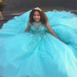 Sky Blue Pageant Dresses Jewek Sheer Neck With Lace Applique Formal Party Gowns Back Lace-Up Tiered Custom Made Evening Gowns Beautiful 2017