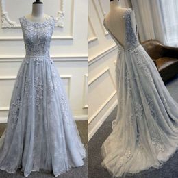 Lace Appliques Prom Dresses 2019 Backless Formal Evening Gowns Sweep Train Plus Size A Line Party Dress