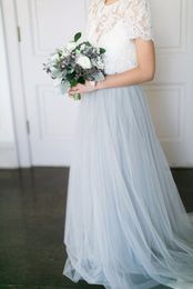 Powder Blue Tulle Skirt Lace Top Two Pieces Wedding Dresses With Color A-line Modern Boho Bridal Gowns Cheap New Elegant