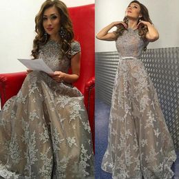 Grey Lace Appliques Prom Dresses Short Sleeves A Line Evening Gowns Floor Length Women Formal Party Dress Custom Made Formal Wear