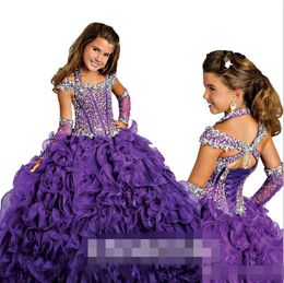 2019 Gorgeous Purple Ball Gown Pageant Gowns For Girls Beaded Halter Neck Lace-up Back Organza Ruffles Floor-length Flower Girls Dresses