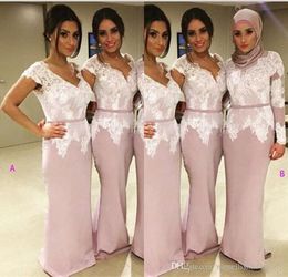 Lace Bridesmaid Dresses for Cheap 2017 Mermaid Arabic Muslim Cap Long Sleeves Prom Party Gowns Floor Length Maid of Honour Wedding Guest Dres