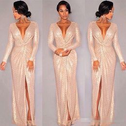 New Sequin Long Sleeve Evening Dresses Rose Gold Deep V-neck Slit Prom Dresses Sparky Sexy Gown Hot Sale