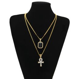 Men's Egyptian Ankh Key of Life Necklace set Bling iced out Cross Mini Gemstone Pendant Gold Silver chain For women Hip Hop Jewelry