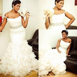Sexy Off Shoulder Mermaid Wedding Dresses 2018 Beaded Waist Ruffles Tiered Bridal Gowns Plus Size African Wedding Vestidos