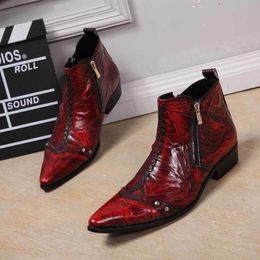 Luxury Red Man Ankle Leather Boots Fashion Ankle Motorcycle Boots Men Leather Pointed Toe Rivets T Stage Show Shoes