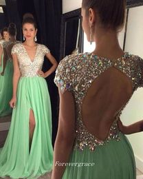 Mint Green Prom Dress Luxury Backless Rhinestone Women Wear Special Occasion Dress Party Gown Custom Made Plus Size