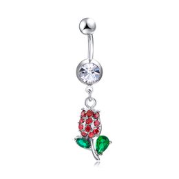 Charming Red Rose Belly Ring Button for Women 18K White Gold Plated Sexy Body Piercing Ring for Girls Women for Summer Party P0276