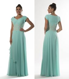 Mint Pleated Chiffon Modest Bridesmaid Dresses Long With Cap Sleeves A-line Floor Length Appliques Wedding Party Dresses Formal Summer Sale