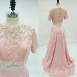 Fashion Real Picture Two Pieces Prom Dress Blush Pink Cheap Prom Dressess Sheer Jewel Neck Short Sleeves Lace Crop Top Sweep Train