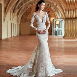 2017 New Arrival Wedding Dresses Mermaid Sexy Sheer Lace Applique Bateau Neck Illusion Long Sleeve Ivory Trumpet Fit and Flare Bridal Gowns