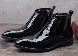 black patent leather boots men pointed toe lace up black UK vintage fashion business mens dress boots shoes male