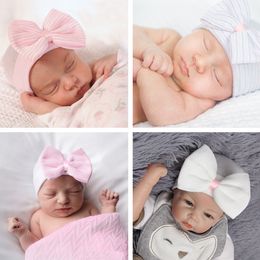 Cute Crochet Baby Hats Autumn Winter Warm Newborn Beanie With Bow Baby Girls Soft Knitting Beanie Infant Striped Hats 5 Colors Top Quality