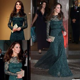 Kate Middleton In Lace Formal Dresses Wear With Long Sleeves Sheer Bateau Neck Evening Gowns Floor Length Hunter Green Prom Dress 415