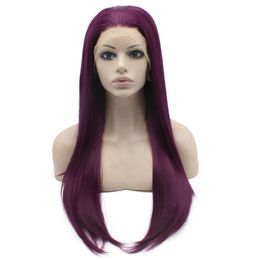 24" Long Purple Silky Straight Half Hand Tied Heat Resistant Synthetic Fibre Lace Front Fashion Cosplay Party Wig S02