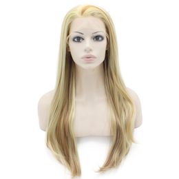 24" Long Blonde Auburn Mix Silky Straight Half Hand Tied Heat Resistant Synthetic Fibre Lace Front Fashion Wig Natural S02