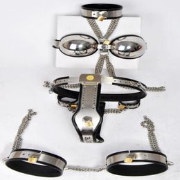 Hot sale Sex adult collar+Chastity Device+Bra+Thigh ring+Handcuffs Stainless Steel Women Chastity Belt sex products for couple
