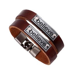 Vintage Silver Believe Charm Bracelet for Couples Genuine Cowhide Leather Wristband Bracelets Bangles Lovers Jewellery Gifts Wholesale