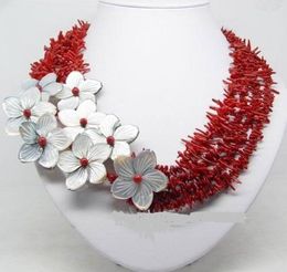 Natural red coral chip shape mutil strands with shell flowers necklace 18''