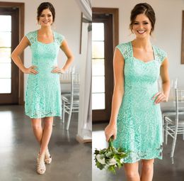 Cheap Turquoise Mint Bridesmaid Dresses New Country Short For Weddings Full Lace Cap Sleeves Open Back Plus Size Formal Maid Of Honor Gowns 403