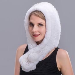 Knitted Rex Rabbit Fur Hat Real Rex Rabbit Fur Hooded Scarf Fashion Women Scarf Winter Hat Pompom Scarf Cap Female