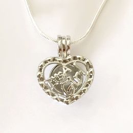 "It's A Girl" Heart-shaped Locket Cage Pendant Mounting, DIY Pearl Gem Bead Pendant Necklace Fitting Love Charms