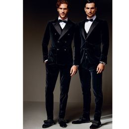 Wholesale- Fashionable men's suits Custom Double Breasted Men's Velvet Wedding Groom Tuxedo Groomsman Best Man Suit
