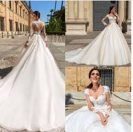 2022 Sheer Neck Illusion Gown spets Långärmad bröllopsklänningar Lace Appliced ​​Court Train Brudklänningar skräddarsydda BA4483