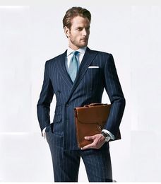 Chalk Stripe Men Suit Custom Made Navy Blue Mens Striped Suit,Tailored Double Breasted Men Suits With Ticket Pocket