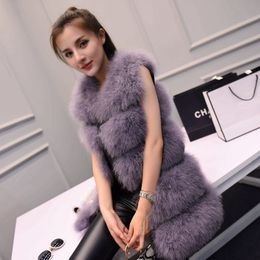 Autumn winter new women's luxury real natural ostrich fur medium long vest sleeveless fur coat leather patchwork warm casacos SML