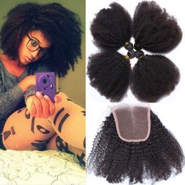 Afro Kinky Curly 4x4 Lace Top Closure With Bundles 4Pcs Unprocessed Virgin Brazilian Human Hair Weaves With Lace Closure Afro Curly 5Pcs Lot