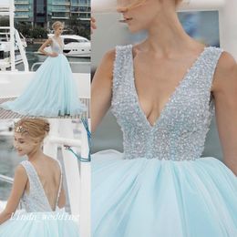 Long Ice Blue Sexy Deep V-neck South African Prom Dress Beaded Backless Arabic Evening Reception Party Gown Custom Made Plus Size