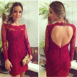 Sexy Backless Cocktail Party Dresses Celebrity Short Dresses Sheer Bateau Neck Lace Appliques Long Sleeve Mini Party Gowns Custom Made