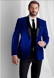 Groom Tuxedos Groomsmen One Button Blue Velvet Shawl Lapel Best Man Suit Wedding Men's Blazer Suits Custom Made (Jacket+Pants+Vest+Tie) K228