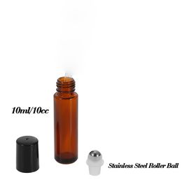 Portable Amber Glass Roll on Essential Oil Bottles with Stainless Steel Roller Ball And Black Cap