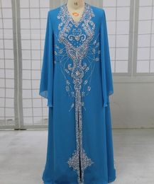 Bright Blue Long Sleeve Mother Of The Bride Dresses Beaded Crystal Muslim Evening Dress V Neck Chiffon Zipper Formal Evening Gown With Split