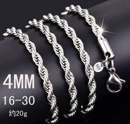 Classic Man woman Necklace plating 925 silver 4mm Twisted ROPE CHAIN Necklace 16inch/18inch/20inch/22inch/24inch/26inch/28inch/30inch