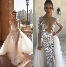 Berta Mermaid Wedding Dresses Applique Plunging Neck Bridal Gowns With Detachable Train Long Sleeve Illusion Wedding Dress Custom Made